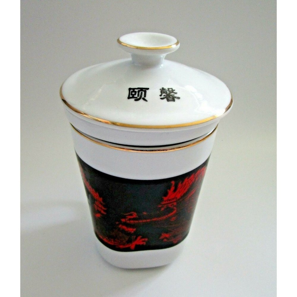Vintage Korean Asian Red Dragon Design Black White Tea Cup With Lid And Infuser
